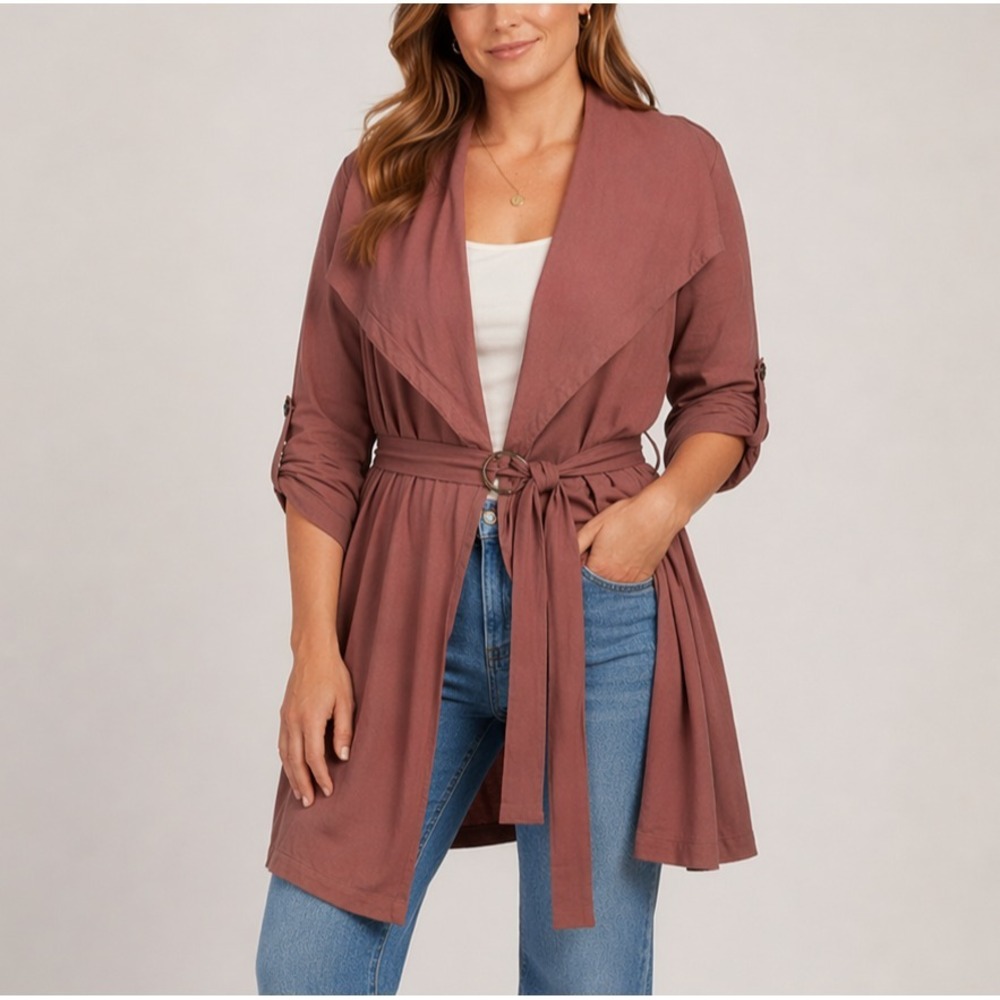 Miami Shawl Collar Wrap Cardigan Sz L Kimono Brown Roll Tab Rayon Sash Buckle